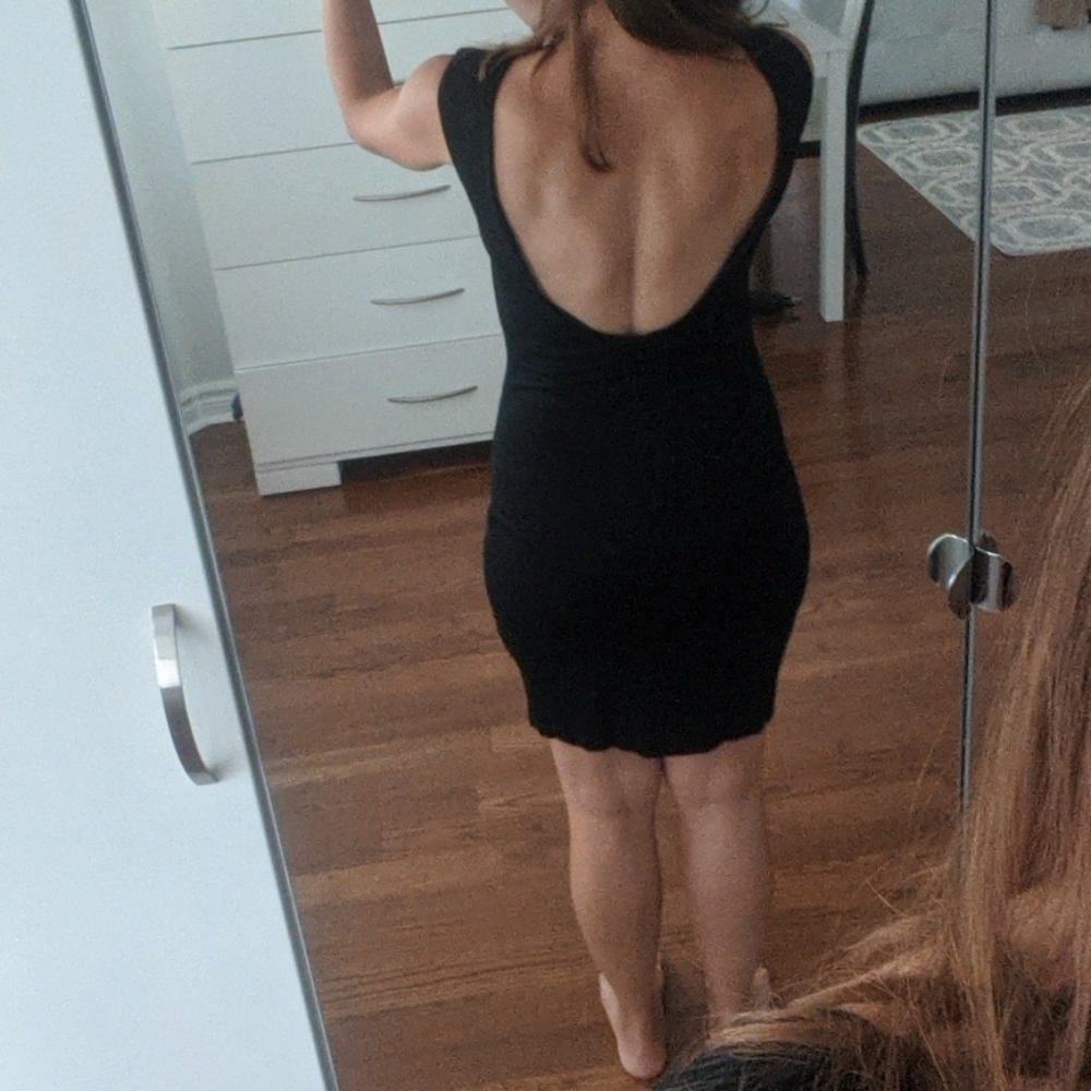 Open back fitted twist front black dress